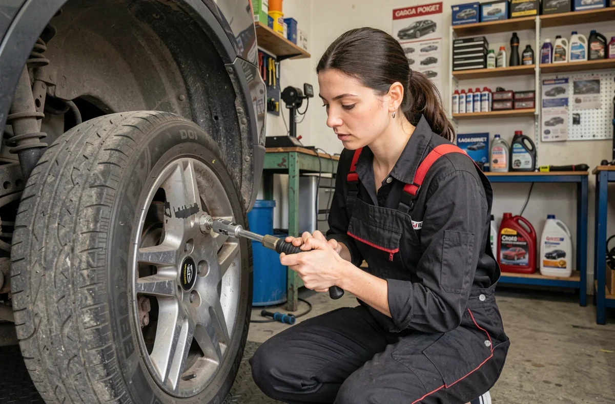 Mécanicienne du Garage Poiget utilisant une clé dynamométrique pour serrer les écrous de roue dans un atelier de réparation automobile indépendant propre et organisé
