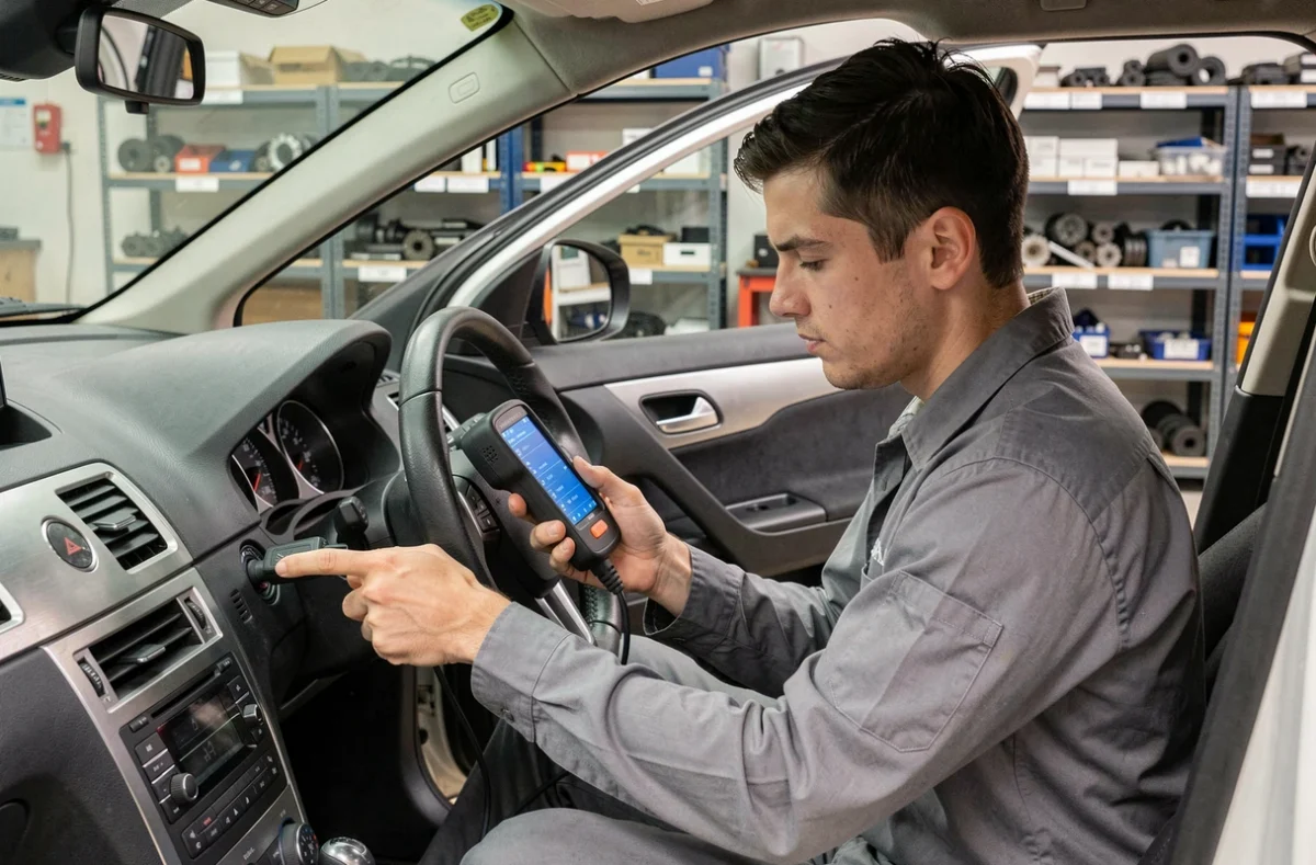 Mécanicien du Garage Sema effectuant un diagnostic électronique sur un véhicule dans un atelier propre et organisé