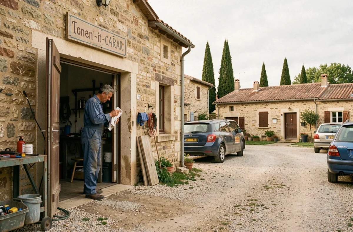 Façade du Garage Villenouvelle avec mécanicien dans l'encadrement de la porte dans un village typique du Tarn-et-Garonne