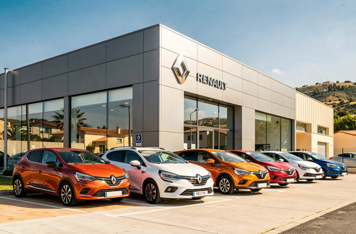Façade du concessionnaire Garlaban Automobile Renault à Aubagne avec des véhicules neufs exposés sur le parvis