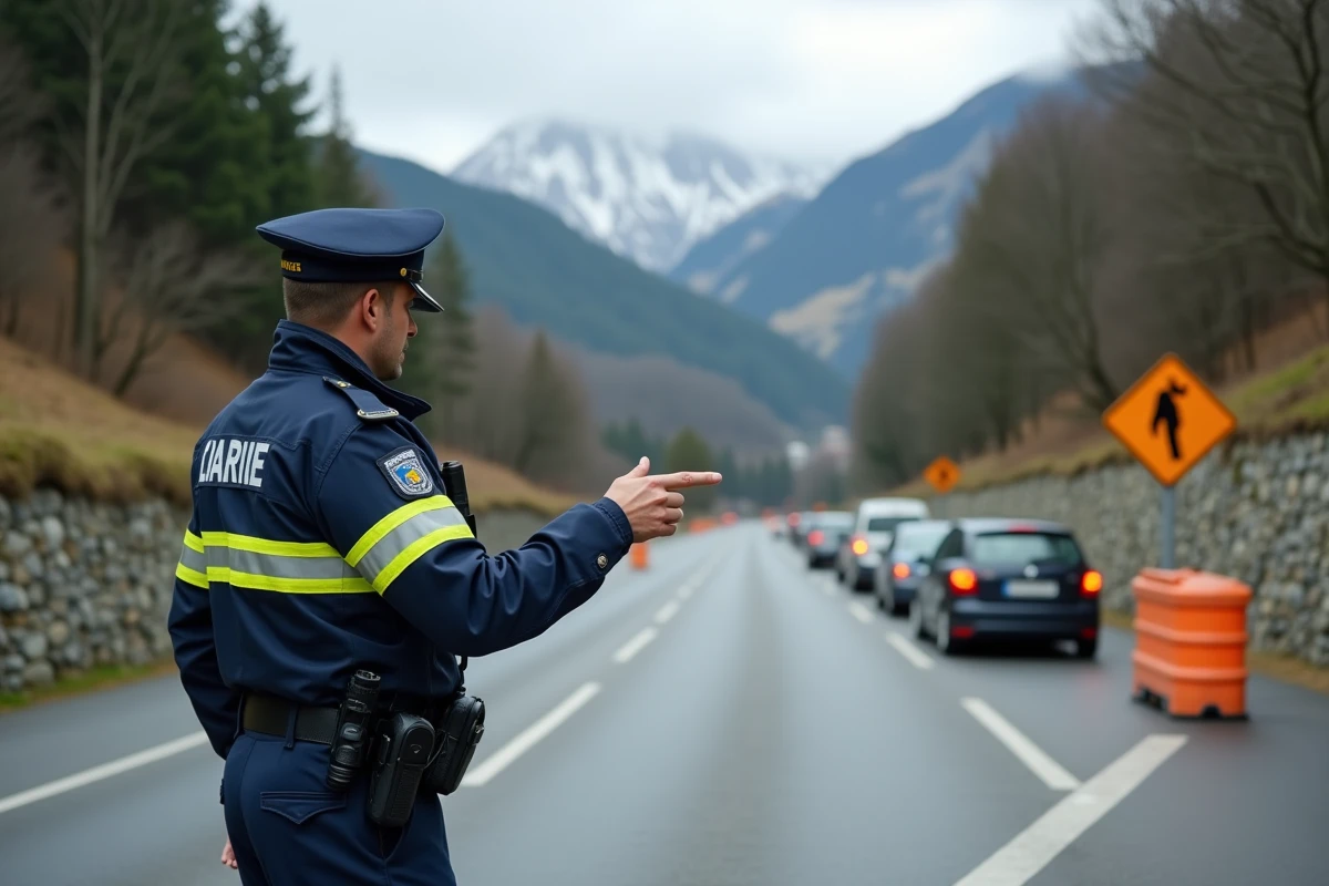 Gendarme français déviant la circulation suite à un accident de la route impliquant un VRU près de Chambéry
