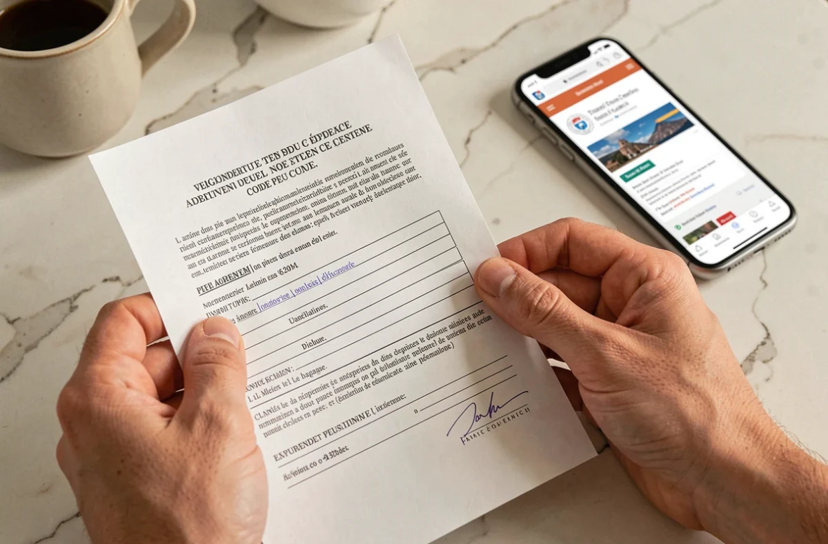 Gros plan de mains tenant un document PDF officiel de vérification de permis de conduire avec un smartphone affichant un site gouvernemental