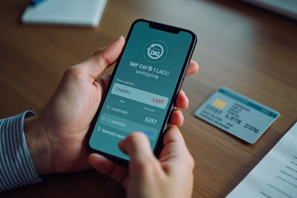 Gros plan de mains tenant un smartphone avec l'application ANTS affichant les points du permis de conduire et une carte de permis physique sur un bureau