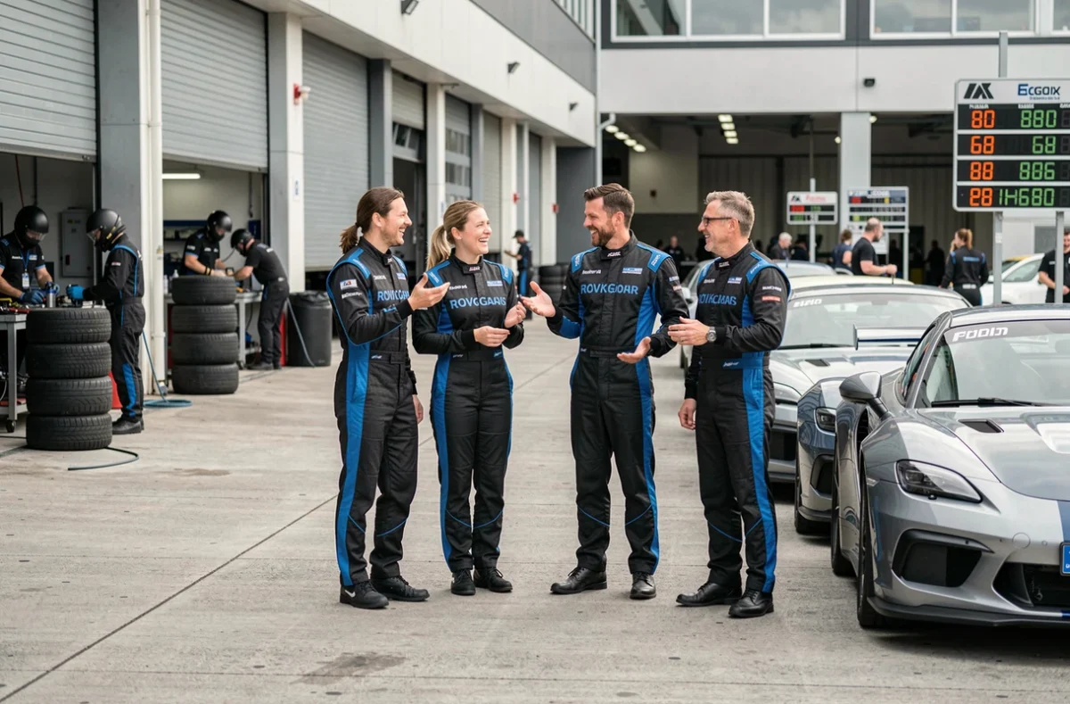 Groupe de participants en combinaisons de pilotage devant des voitures de sport dans un paddock de circuit