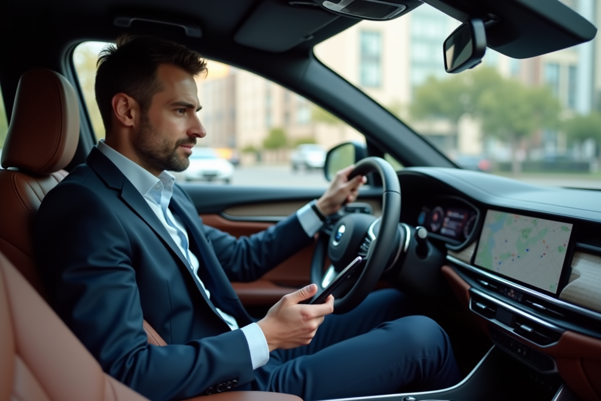Homme d'affaires en costume dans une voiture moderne