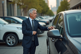Homme d'affaires devant une voiture moderne en ville