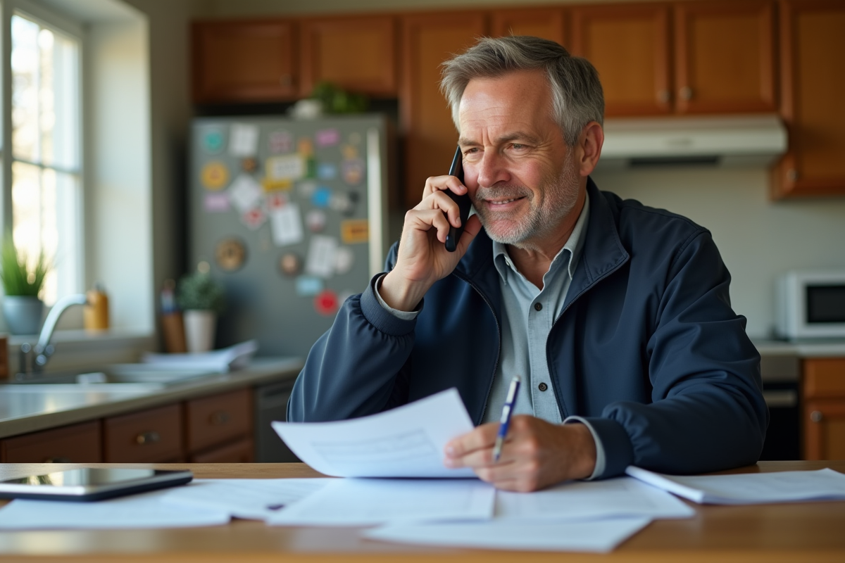 Homme d'âge moyen avec documents d'assurance et smartphone