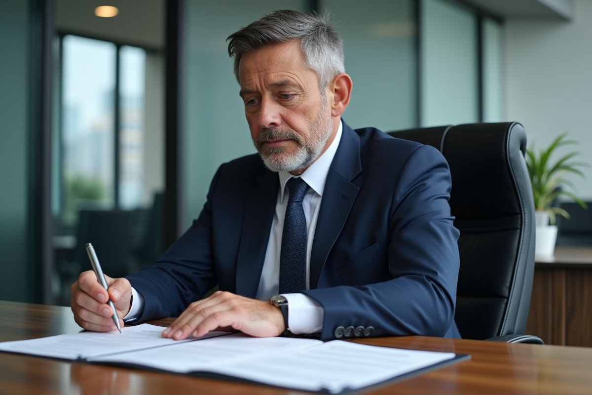 Homme d'assurance en costume navy examine des documents