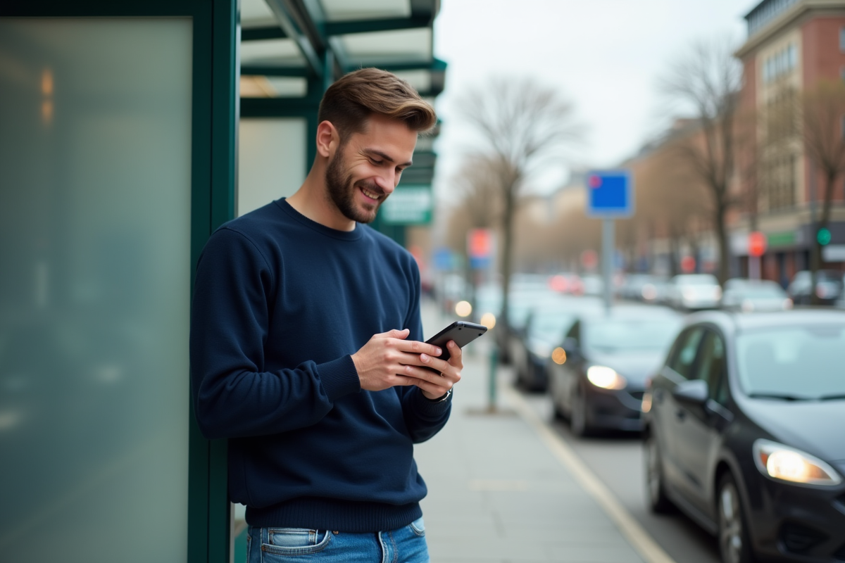 Jeune homme vérifiant son téléphone à un arrêt de bus urbain