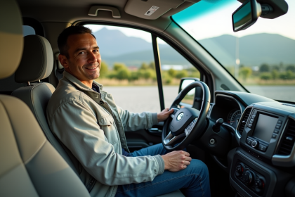 Homme d'âge moyen dans un campervan moderne en nature