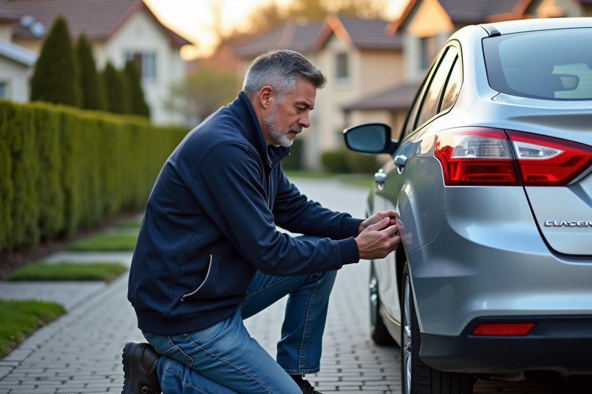 Homme en jeans et veste attachant une plaque sur une voiture