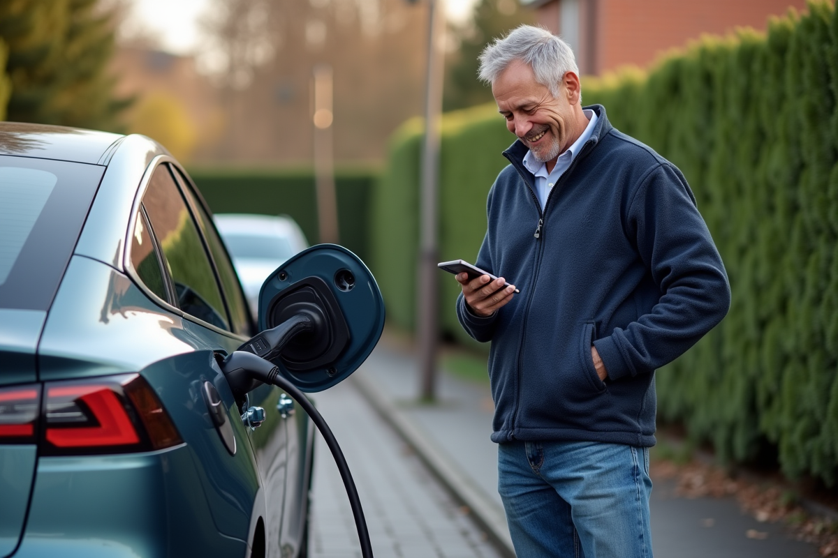 Homme souriant vérifiant son téléphone à côté d'une voiture électrique en charge