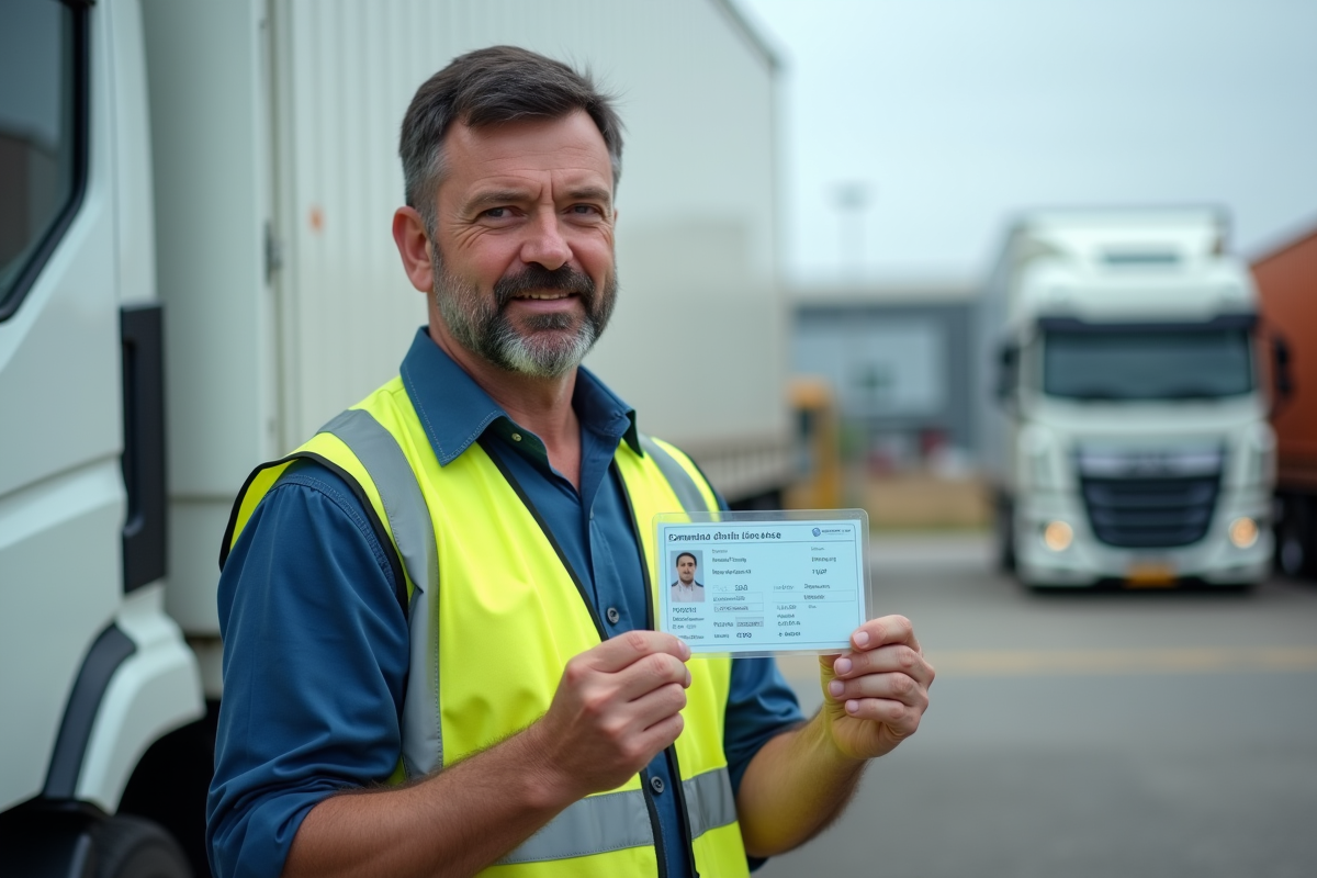 Homme avec permis de conduire professionnel et camion blanc