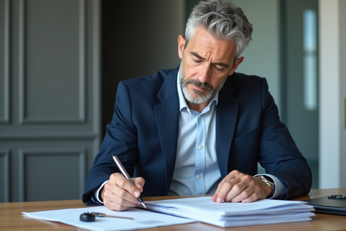 Homme d'âge moyen examinant un contrat de leasing au bureau