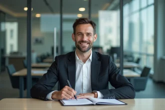 Homme d'affaires confiant tenant un dossier dans un bureau moderne