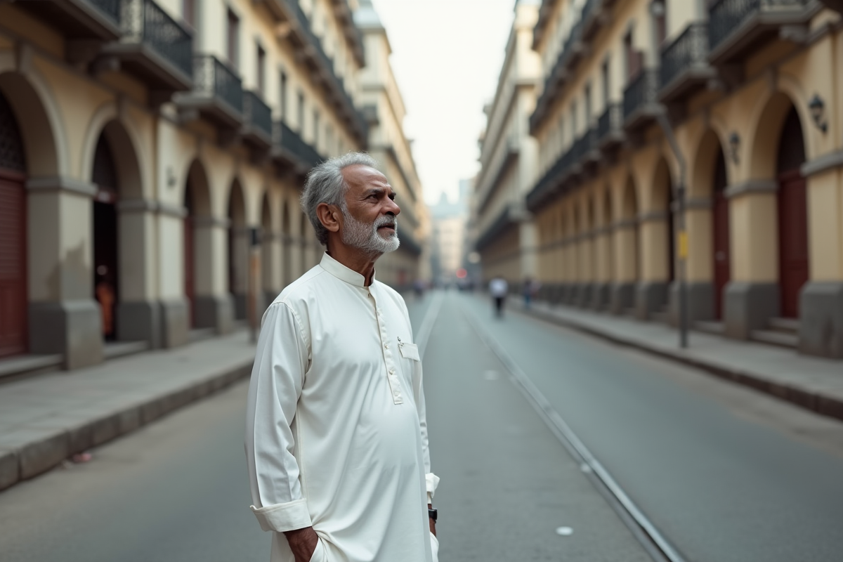 Homme indien en kurta blanc dans un quartier historique de Bombay