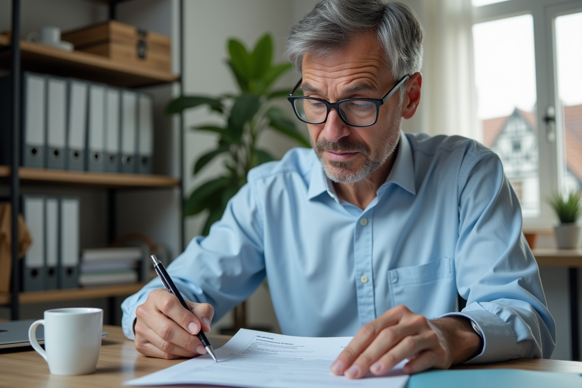 Homme en bureau modifiant sa carte grise avec concentration