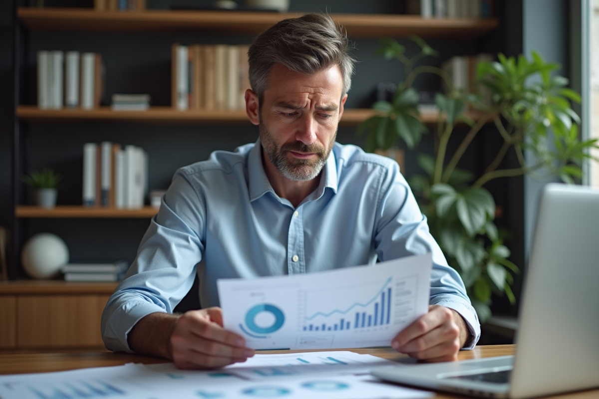 Homme d'âge moyen en tenue décontractée examine des papiers