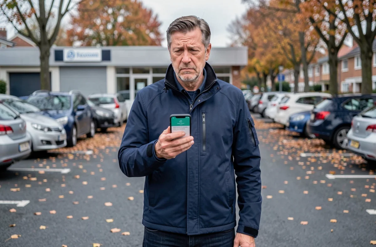 Homme méfiant consultant son téléphone après un paiement douteux pour une annonce en ligne