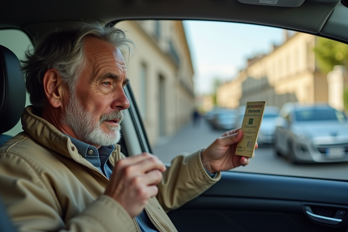 Homme âgé tenant son permis de conduire dans une voiture