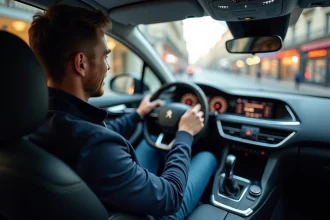 Homme souriant dans une Peugeot moderne tapant le rythme d'une musique de pub sur son volant en ville