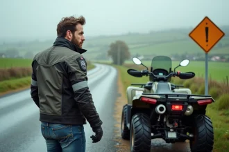 Homme en moto jacket près d'un quad en campagne française