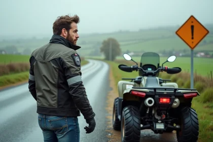 Homme en moto jacket près d'un quad en campagne française