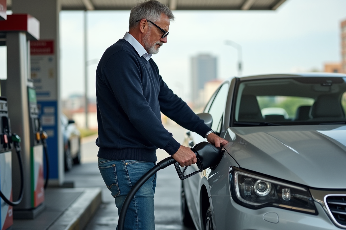 Homme d'âge moyen faisant le plein dans une station moderne