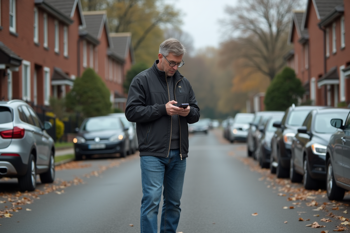 Homme d'âge moyen sur une rue résidentielle observant discrètement