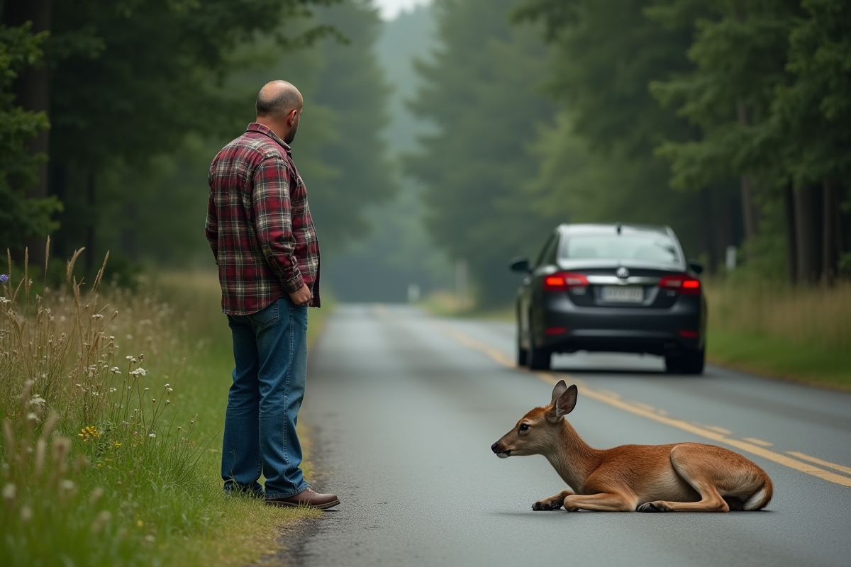 Homme en plaid près d'une voiture surveillant un cerf