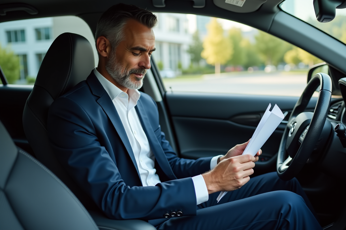 Homme en costume dans une voiture d'entreprise en parking