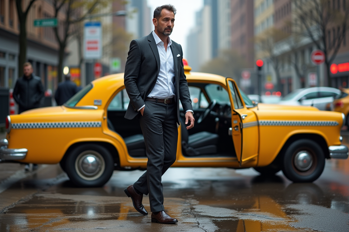 Homme en costume sortant taxi sous la pluie en ville