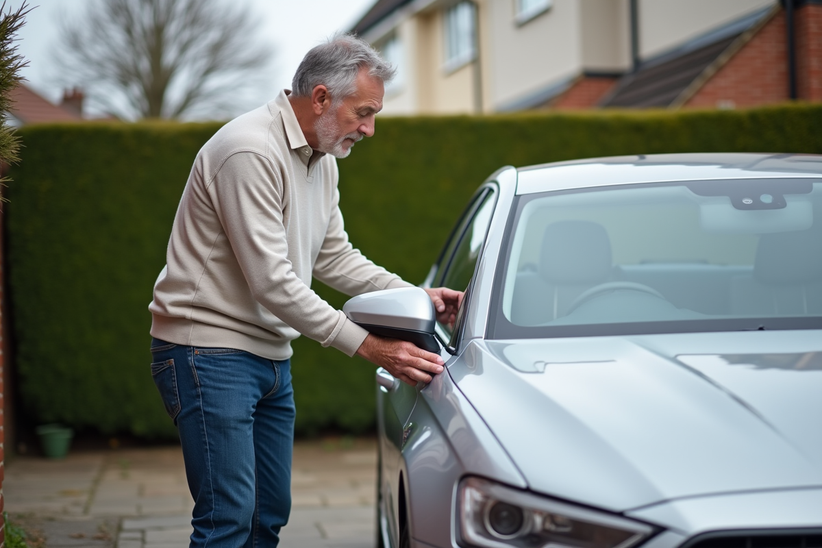 Homme vérifiant la peinture d'une voiture argentée