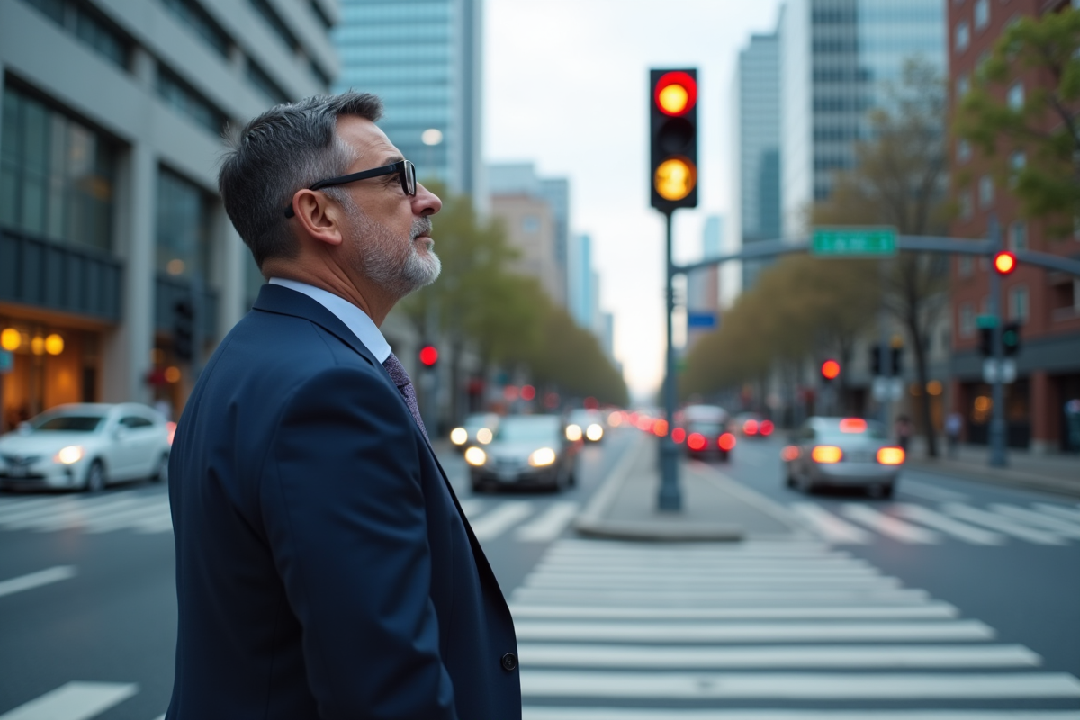 Homme d'affaires regardant le signal de traffic avec caméra urbaine