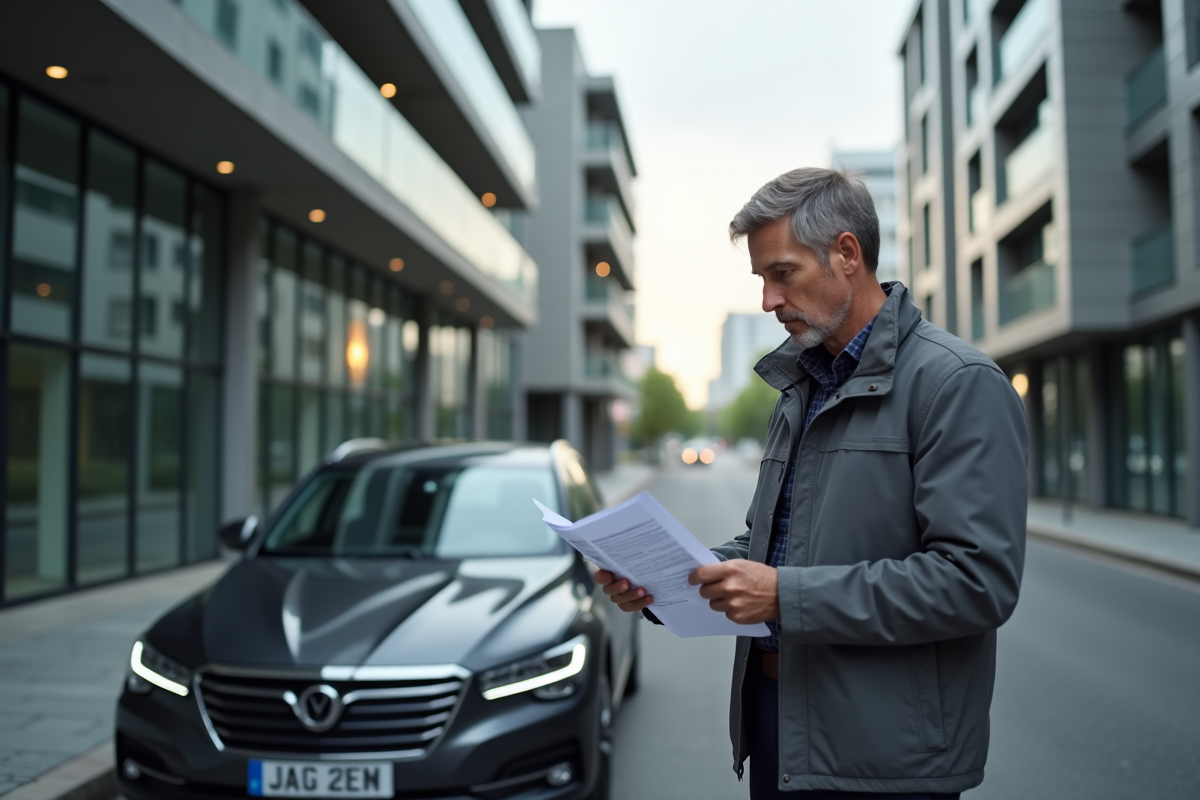 Homme d'âge moyen examine ses documents d'assurance près de sa voiture en ville
