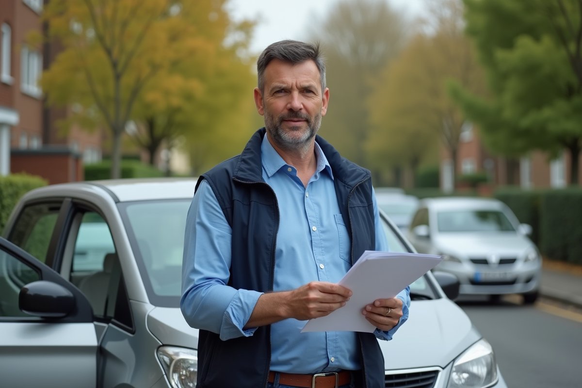 Homme d'âge moyen avec papiers d'assurance voiture