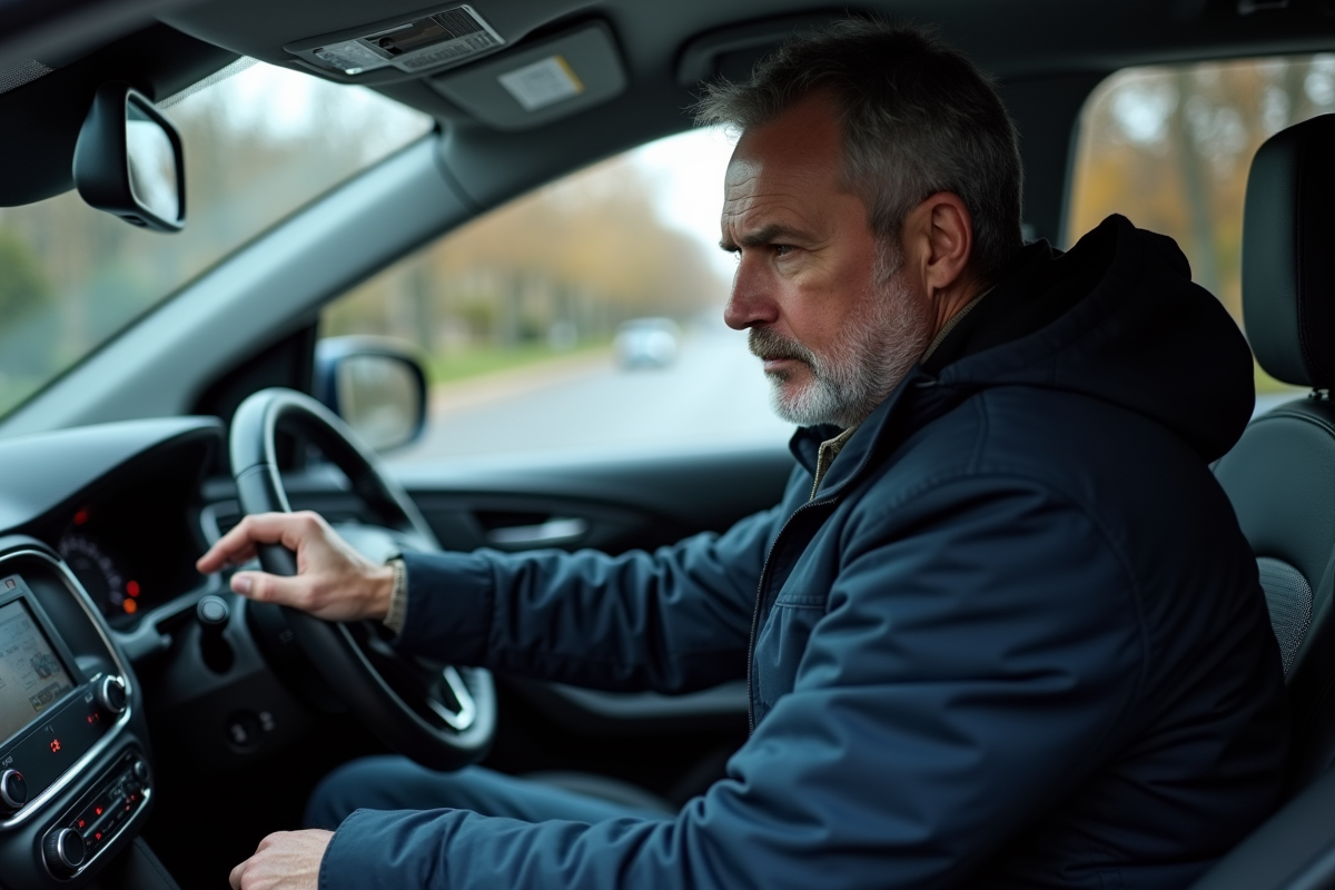Homme d'âge moyen dans une voiture moderne en automne