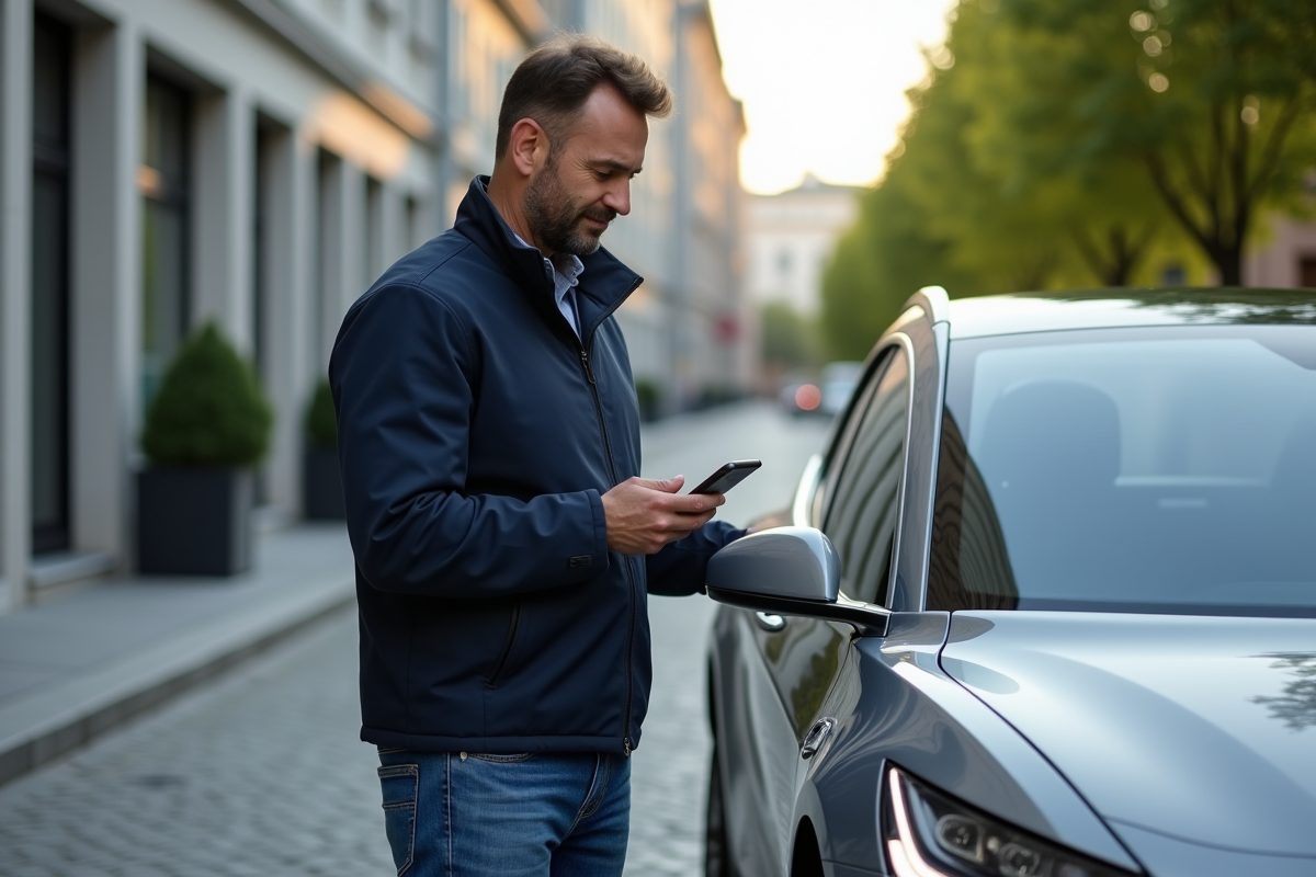 Homme avec smartphone près d'une voiture électrique urbaine