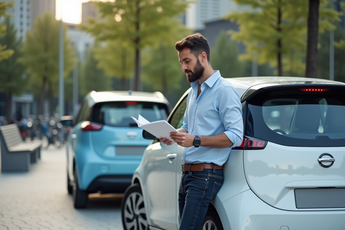 Homme lisant une brochure devant une voiture électrique en ville