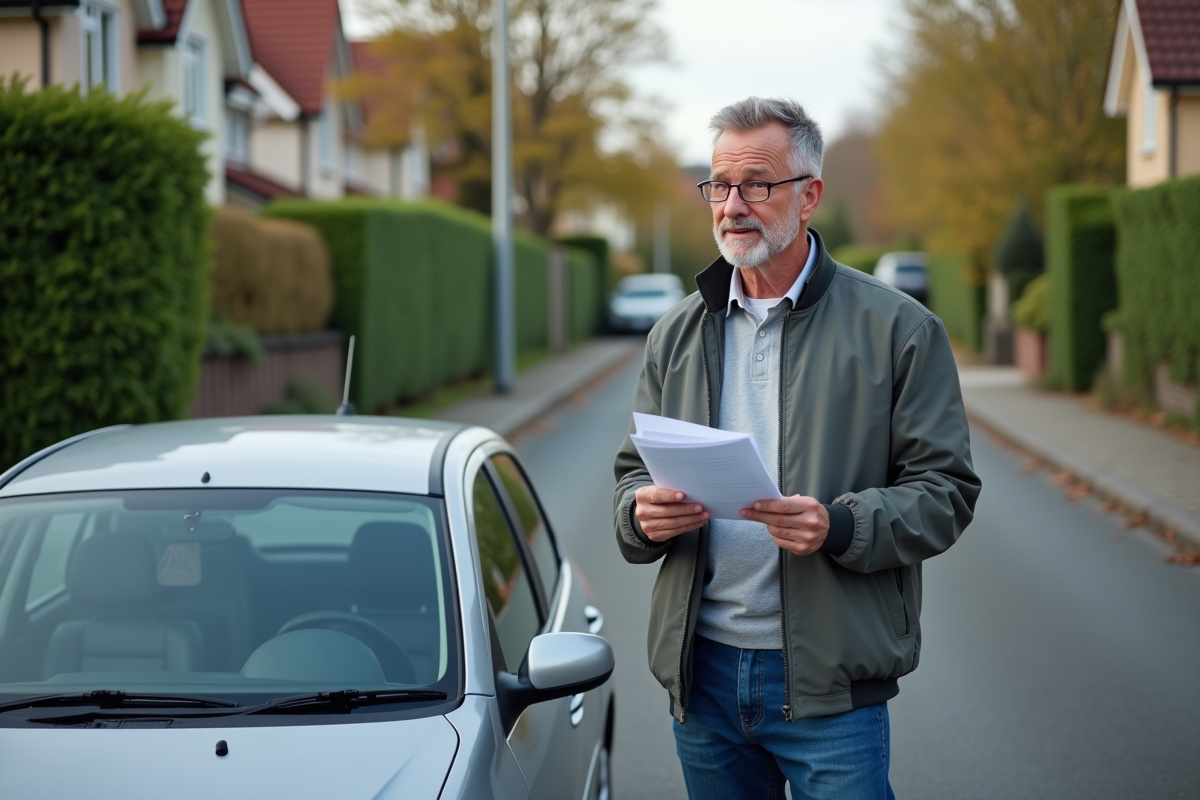 Homme d'âge moyen avec documents à côté d'une voiture