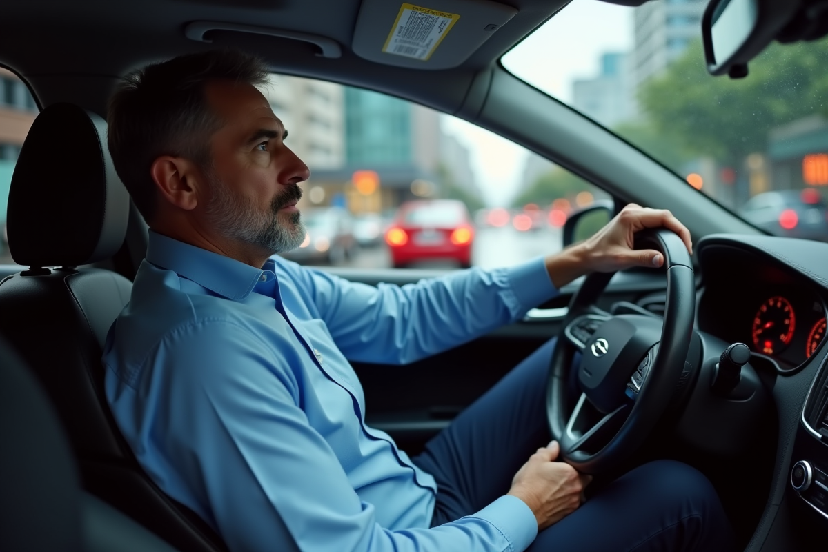 Homme d'âge moyen dans une voiture moderne sous la pluie