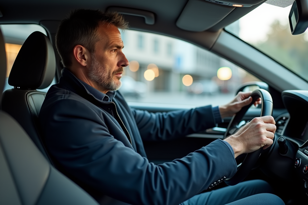 Homme d'âge moyen dans une voiture urbaine moderne