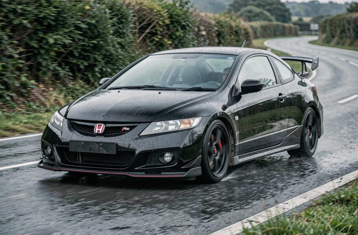 Honda Civic Type R EP3 noire en pleine courbe sur route mouillée, prise de vue dynamique au ras du sol