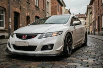 Honda Civic Type R EP3 blanche garée dans une rue urbaine européenne, vue trois-quarts avant en grand angle