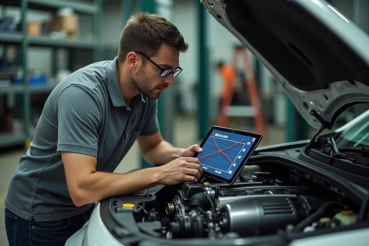 Ingénieur automobile analysant la courbe de couple moteur sur une tablette de diagnostic devant un moteur ouvert en atelier