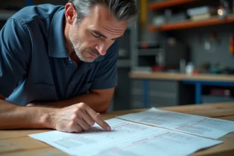 Ingénieur automobile consultant un tableau de conversion CV en kW sur des fiches techniques imprimées dans un atelier