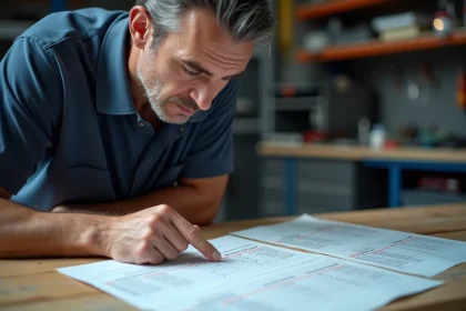 Ingénieur automobile consultant un tableau de conversion CV en kW sur des fiches techniques imprimées dans un atelier
