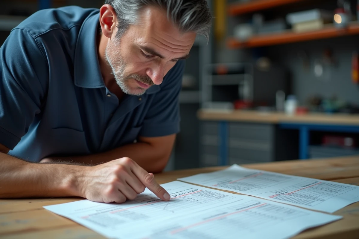 Ingénieur automobile consultant un tableau de conversion CV en kW sur des fiches techniques imprimées dans un atelier