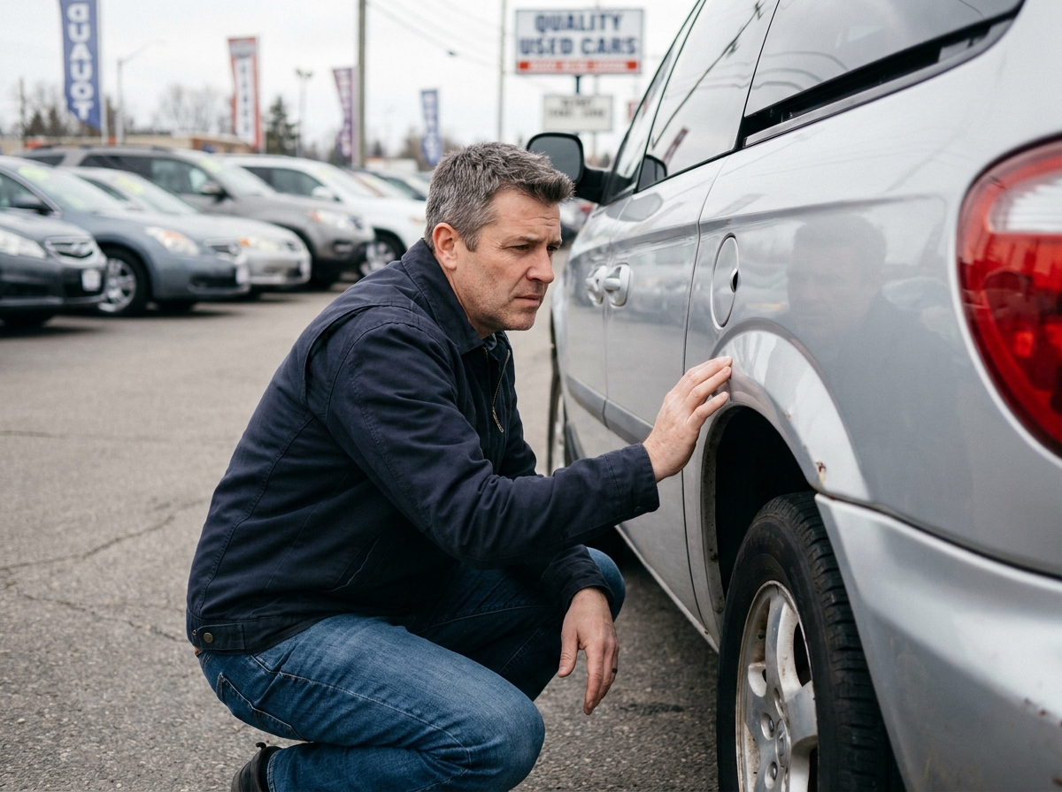 Homme inspectant la carrosserie d'un monospace 7 places d'occasion dans un parking de concessionnaire
