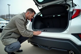 Inspecteur automobile examinant l'état du coffre d'un Toyota C-HR d'occasion dans un parking de concessionnaire